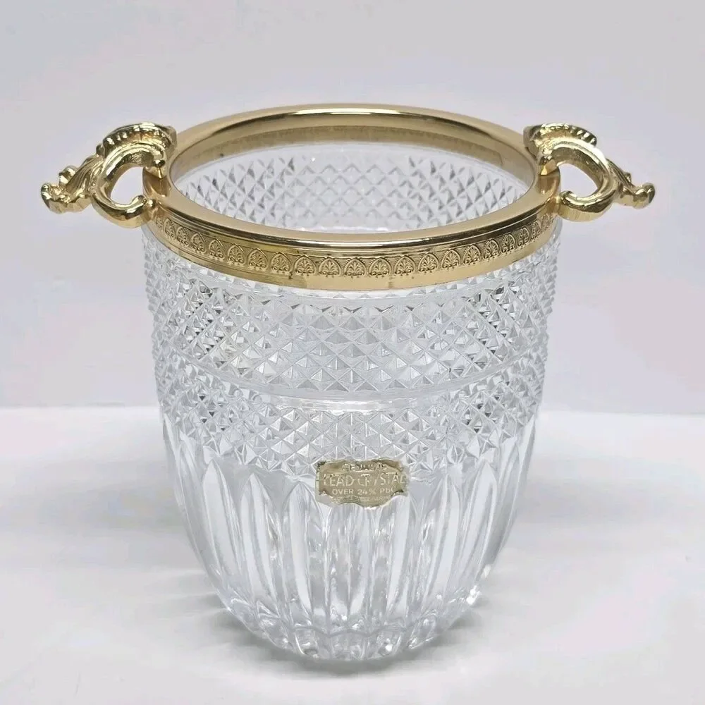 Vintage MCM Crystal Ice Bucket Diamond Cut Gold Metal Shells Handles W. Germany